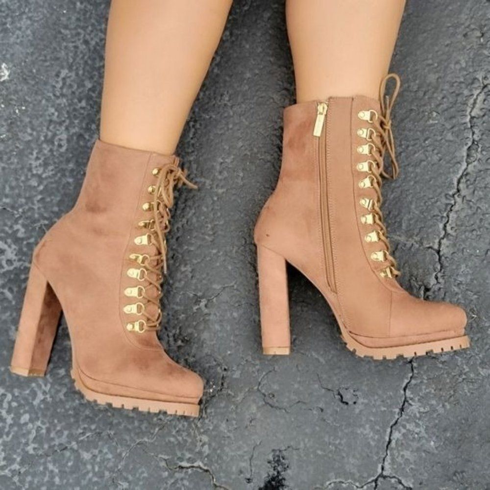 Taupe Lace up Platform Lug Sole Heeled Boots - Picture 5 of 6